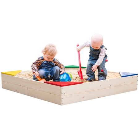 Playberg Outdoor Wooden Sand Box with Floor Cover and Waterproof Protection Cover, Square Sandpit for Kids QI003792_Set